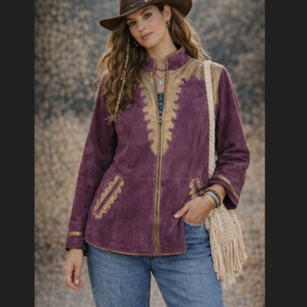 Linea Louis DellOlio Suede Jacket Plum‎ Gold Detail NWT Womens 2XL Luxe Chic